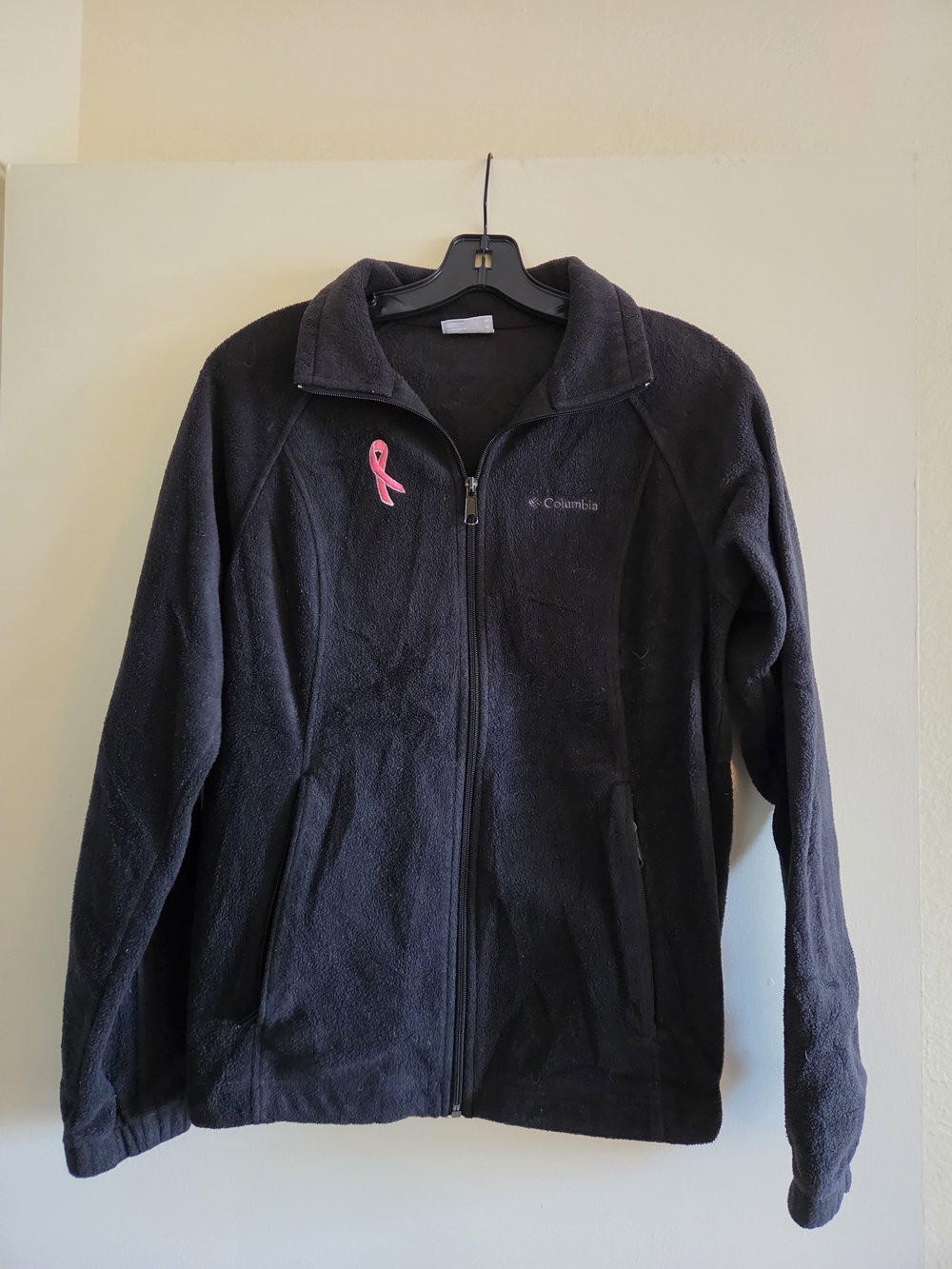 Columbia Black Fleece Jacket with Pink Breast Cancer Ribbon